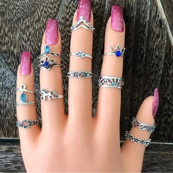 13 Piece Midi Ring Set Silver Tone Blue Faux Sapphire Faux Aquamarine New NWT - Picture 1 of 6